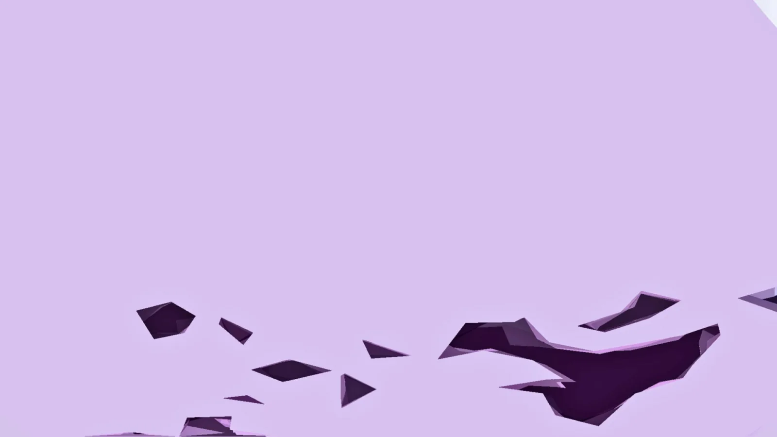 Dunkelviolette, kantige Fragmente verteilen sich über einen helllila Hintergrund, die obere Hälfte ist leer.