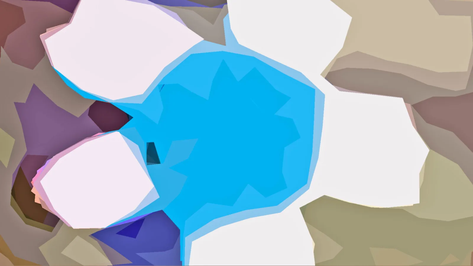 Abstrakte Komposition aus flächigen, facettierten Formen: In der Mitte leuchtet eine blaue Form, umgeben von weißen, beigen und violetten Flächen.