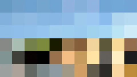 Grobes Pixelmosaik: oben blauer Himmel, darunter Reihen aus Grün, Braun, Schwarz und Beige