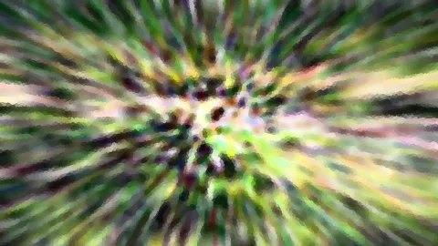 Abstrakte Komposition aus grünen, gelben und violetten Streifen, die von einem Mittelpunkt nach außen strahlen