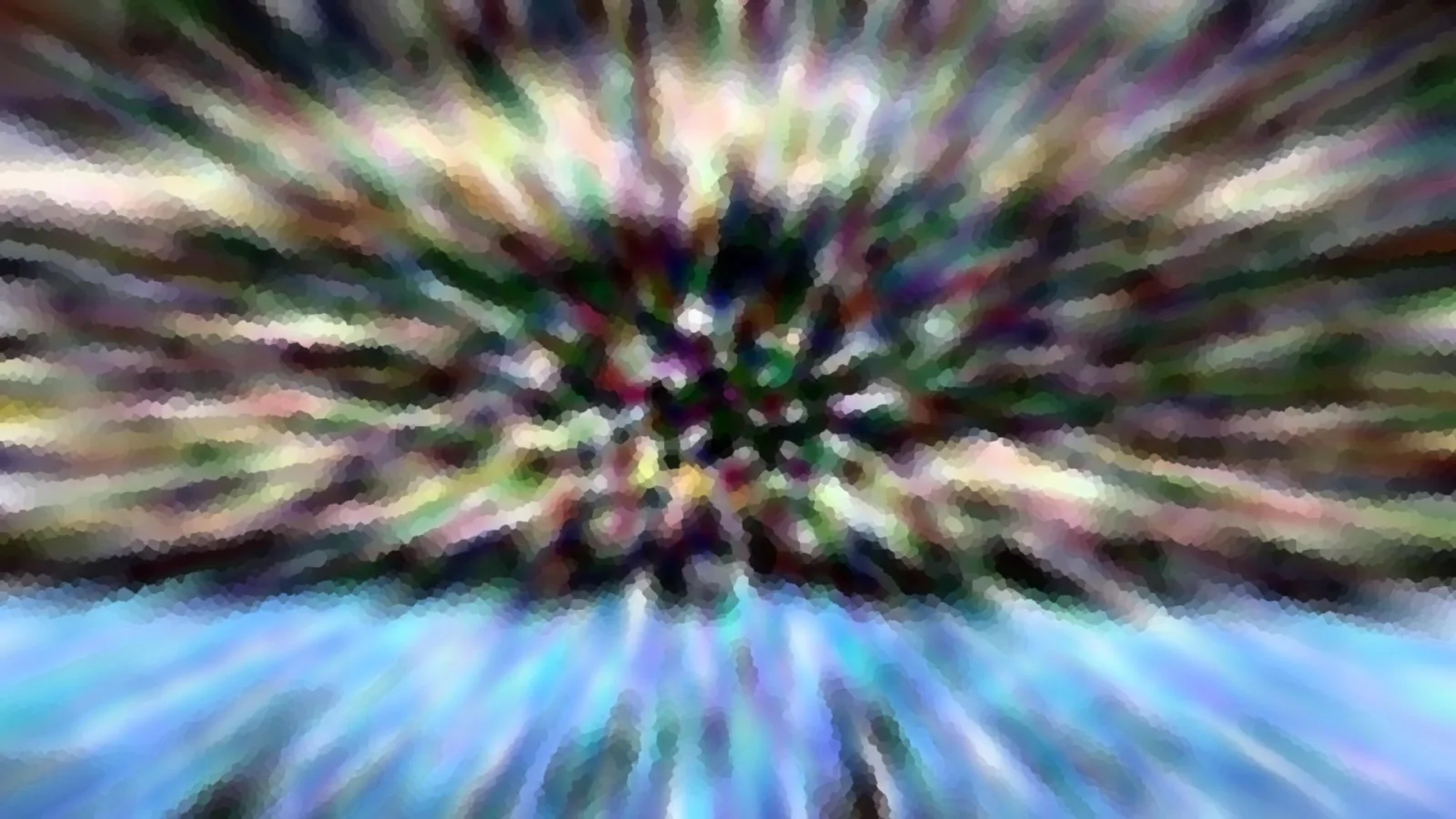 Abstrakte Komposition aus bunten, verwischten Streifen, die von einem dunklen Zentrum in der Mitte radial nach außen strahlen, unten dominiert ein helles Blau.