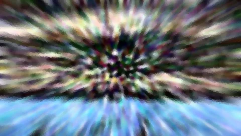 Abstrakte Komposition aus bunten, verwischten Streifen, die von einem dunklen Zentrum in der Mitte radial nach außen strahlen, unten dominiert ein helles Blau.