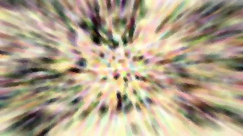 Abstraktes Bild mit farbigen Streifen, die vom Zentrum nach außen strahlen, mit pixeligem Muster und dunklen Punkten.