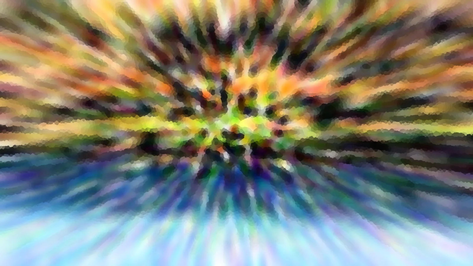 Abstrakte Komposition aus radialen Farbstreifen, oben warmes Gelb und Orange, unten kühles Blau, Zentrum hell.