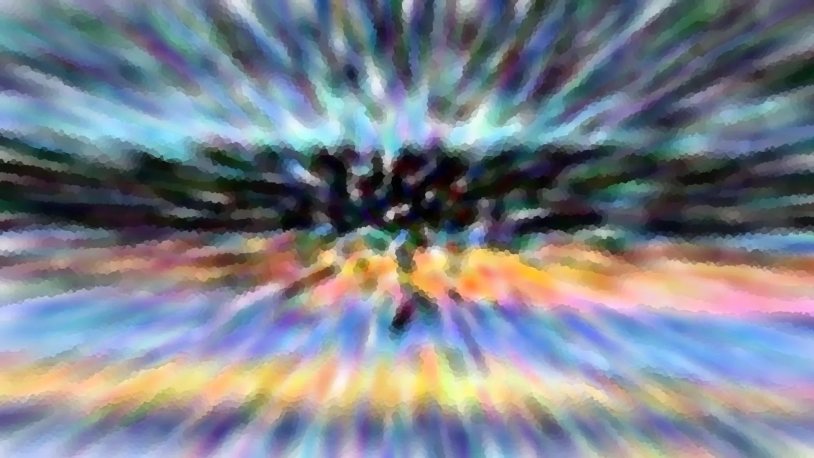 Abstrakte Komposition aus bunten, radial vom dunklen Zentrum nach außen laufenden Streifen in Blau, Violett, Gelb und Rosa, mit mosaikartiger Pixelung.