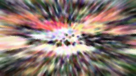 Bunte Streifen laufen radial von einem hellen Zentrum mit dunklen Punkten nach außen, das Bild wirkt wie aus Mosaiksteinen zusammengesetzt.