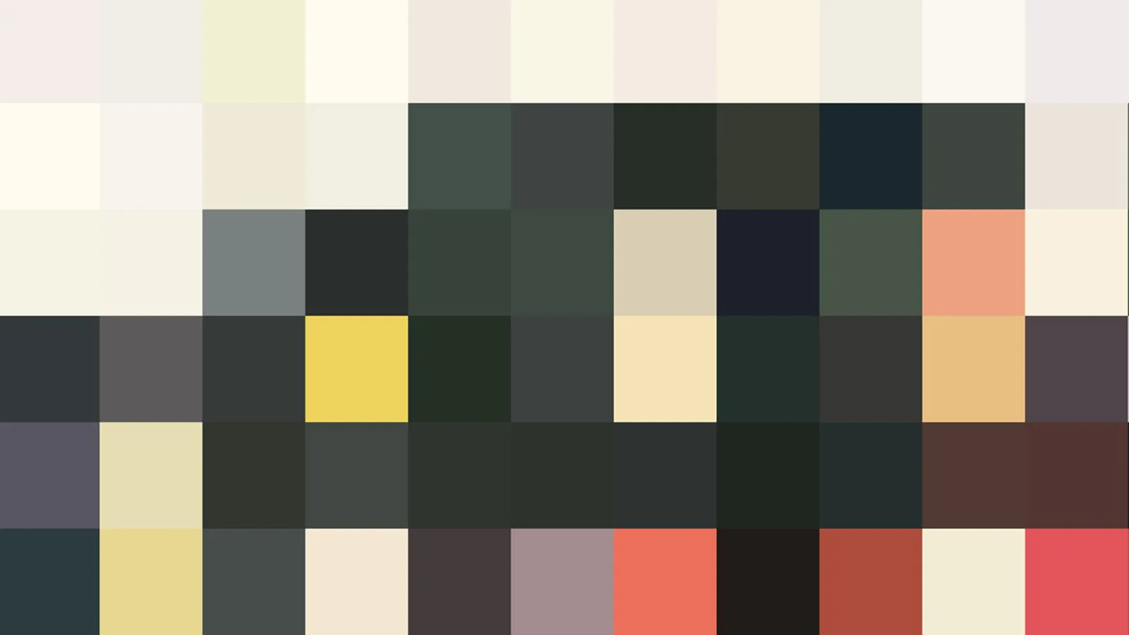 Rasterartiges Mosaik aus quadratischen Farbfeldern in Creme, Gelb, Rosa, Anthrazit, Schwarz und Rot