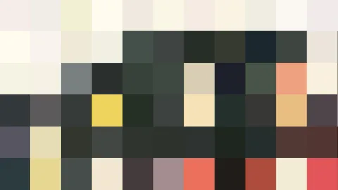 Rasterartiges Mosaik aus quadratischen Farbfeldern in Creme, Gelb, Rosa, Anthrazit, Schwarz und Rot