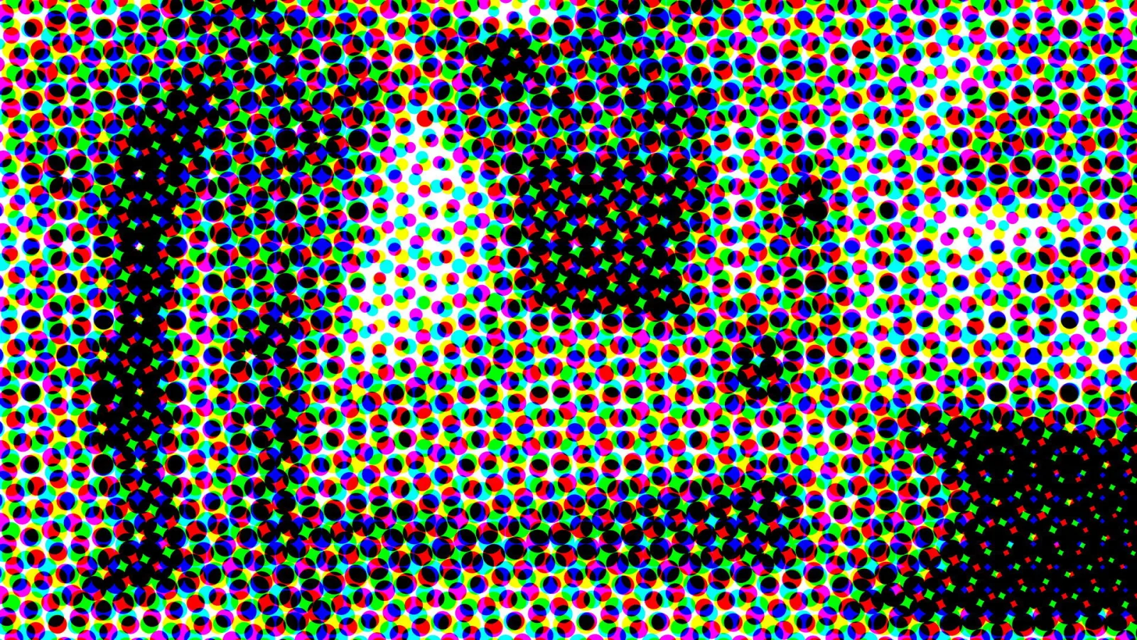 Dichtes Raster aus farbigen Punkten in Rot, Grün, Blau, Gelb und Magenta, dazwischen größere schwarze Flächen, die eine verschwommene Form bilden.
