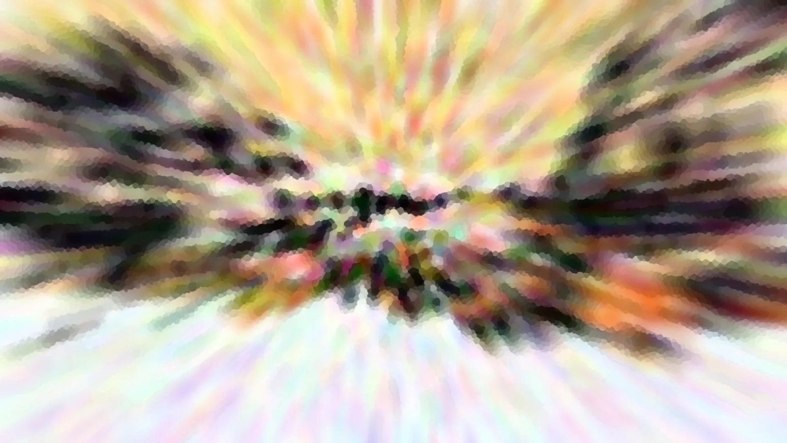 Abstraktes Bild mit radialen, verwischten Streifen in Gelb, Rosa, Grün und Schwarz, die von einem dunklen Zentrum nach außen strahlen.