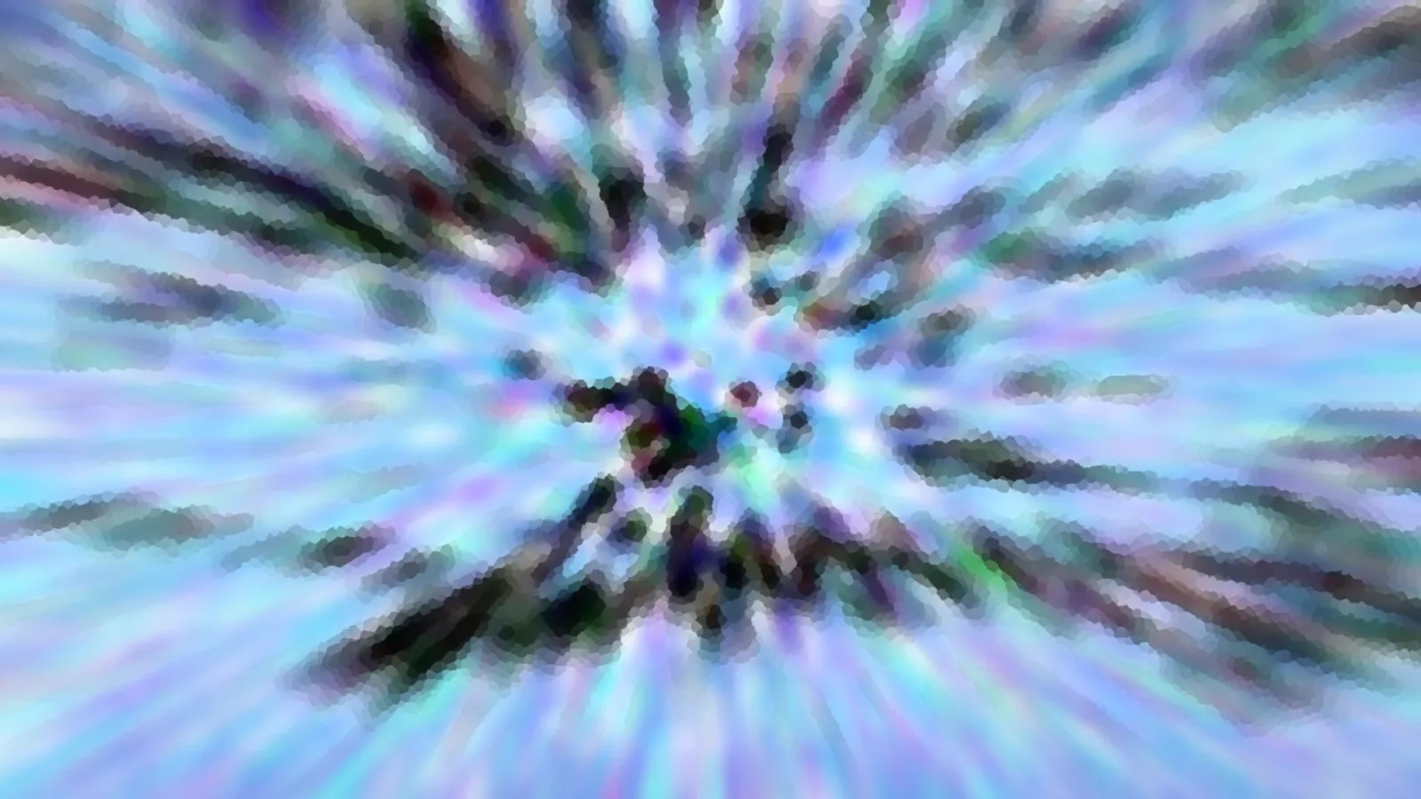 Abstrakte Komposition aus blauen, violetten und dunklen Schlieren, die von einem hellen Zentrum radial nach außen laufen.