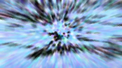 Abstrakte Komposition aus blauen, violetten und dunklen Schlieren, die von einem hellen Zentrum radial nach außen laufen.