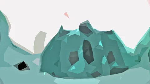 Abstrakte türkisfarbene Felsformation aus flachen Dreiecksflächen vor hellem Hintergrund, mit einem kleinen rosa Dreieck oben und einer schwarzen Öffnung links unten.