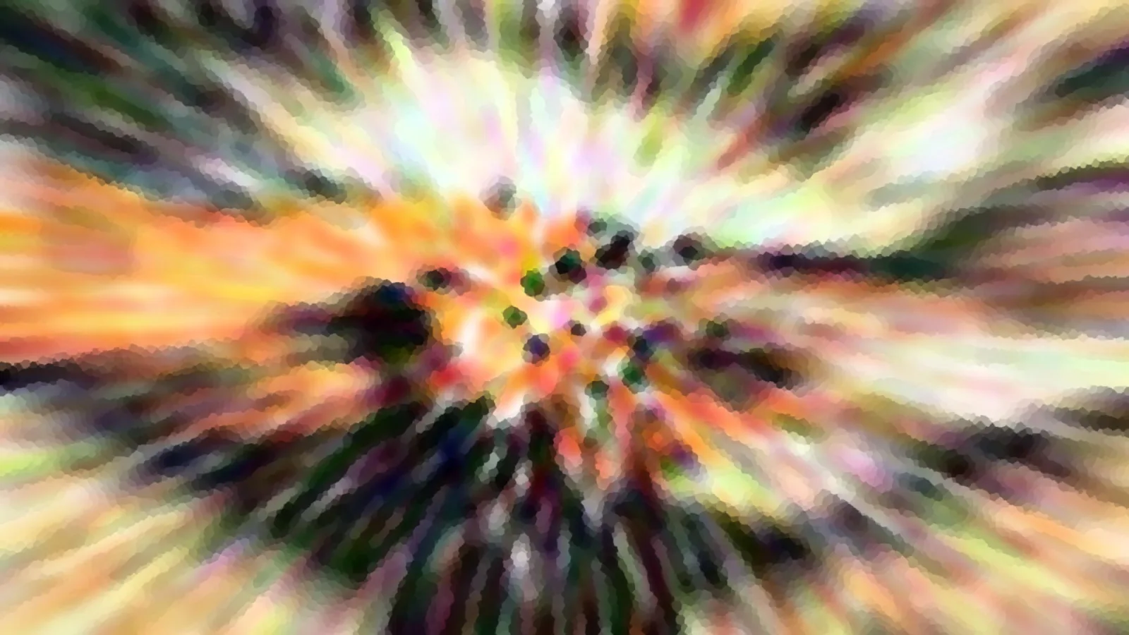 Abstrakte Komposition aus bunten, radial von der Mitte ausgehenden Streifen in Orange, Grün, Weiß und Schwarz, verwischt und grob gepixelt.