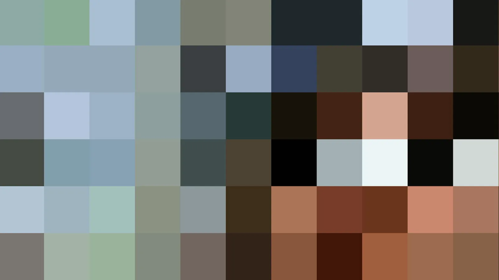 Raster aus grob verpixelten Farbfeldern: oben kühle Blau- und Grautöne, rechts dunkle Flächen, unten warme Braun- und Terrakottatöne.