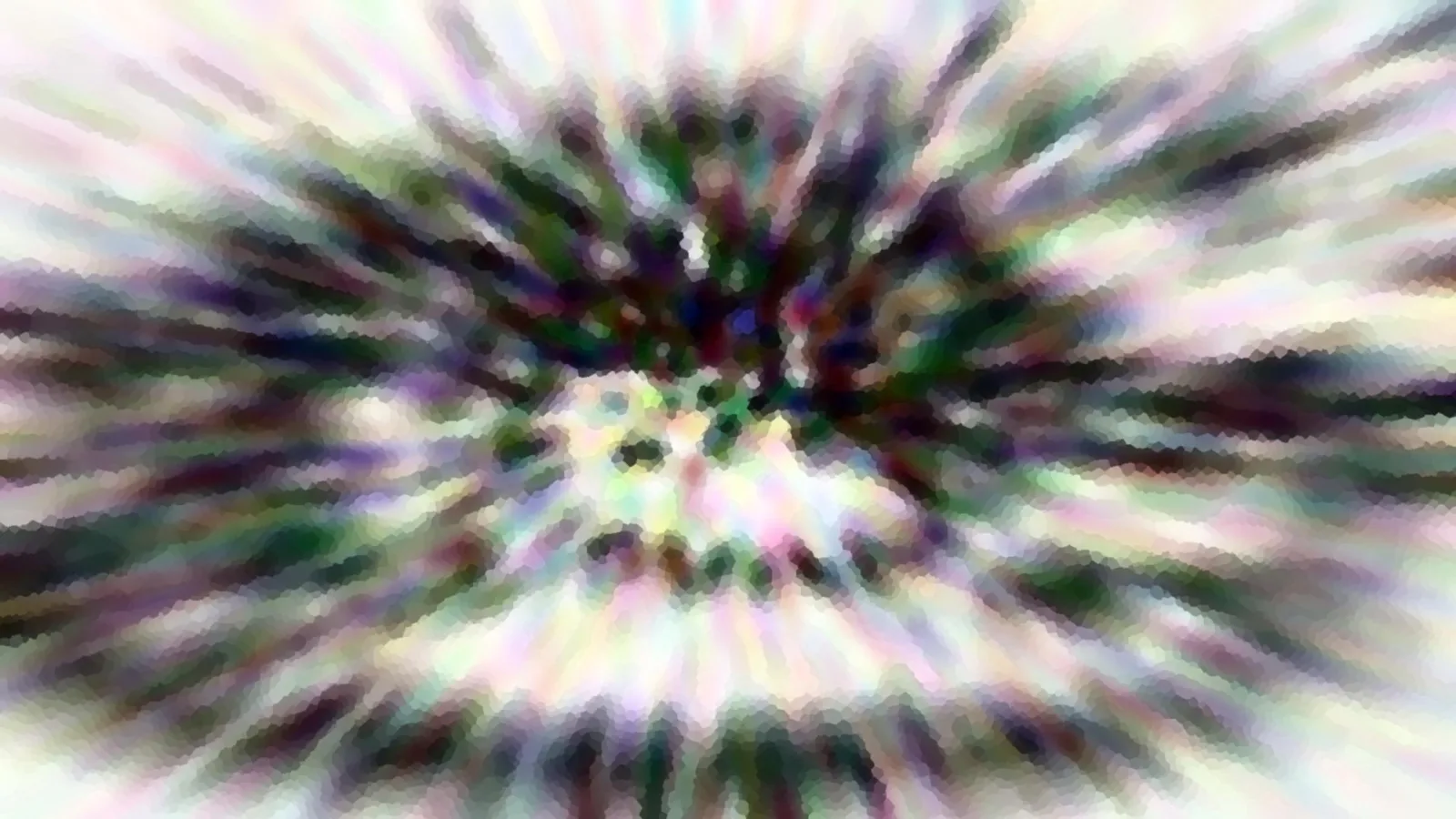 Abstrakte Komposition aus radial von einem hellen Zentrum ausstrahlenden Streifen in Grün, Violett und Weiß, mit mosaikartiger Körnung.