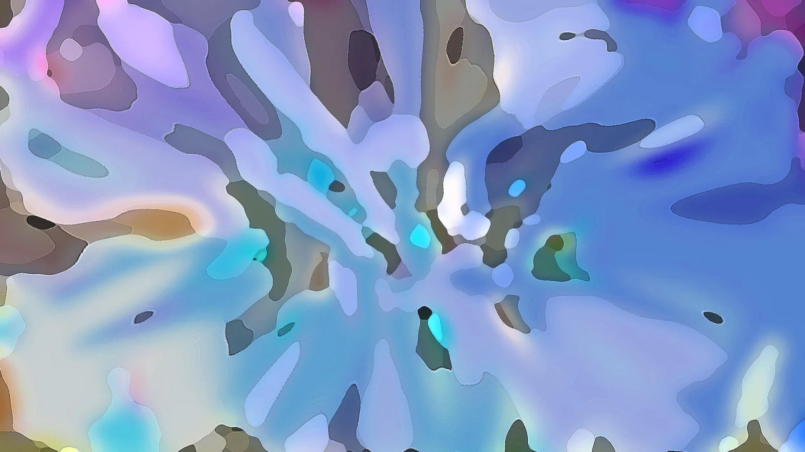 Abstrakte Malerei in Blau, Lavendel und Grau, mit hellen Spritzern, die von einer Mitte nach außen strahlen.