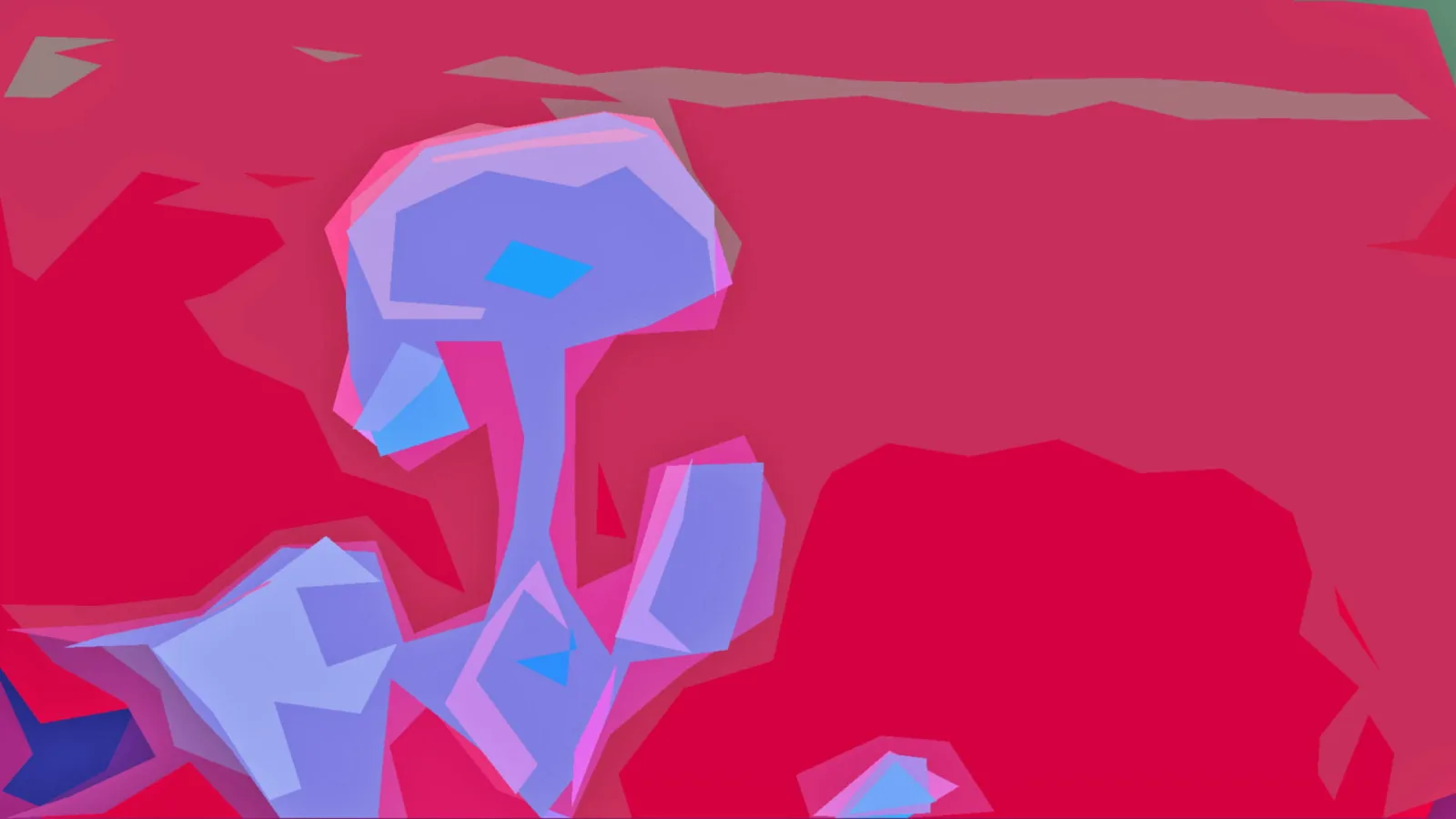 Abstraktes Gemälde mit großen roten Flächen und lila-blauen, pilzartigen Formen in der Bildmitte und links unten.
