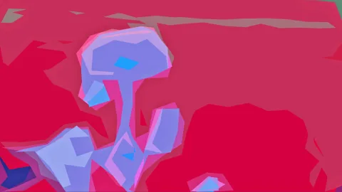 Abstraktes Gemälde mit großen roten Flächen und lila-blauen, pilzartigen Formen in der Bildmitte und links unten.
