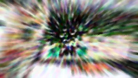 Abstrakte Komposition aus bunten, verwischten Schlieren, die radial von einem dunklen Zentrum nach außen laufen.