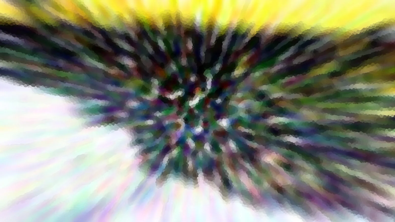 Abstrakte Komposition mit radial von einem dunklen, grünlich-violetten Zentrum ausstrahlenden Farbstrahlen in Gelb, Weiß und Pastelltönen, mosaikartig gepixelt.