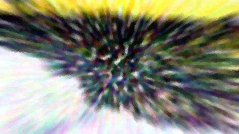 Abstrakte Komposition mit radial von einem dunklen, grünlich-violetten Zentrum ausstrahlenden Farbstrahlen in Gelb, Weiß und Pastelltönen, mosaikartig gepixelt.