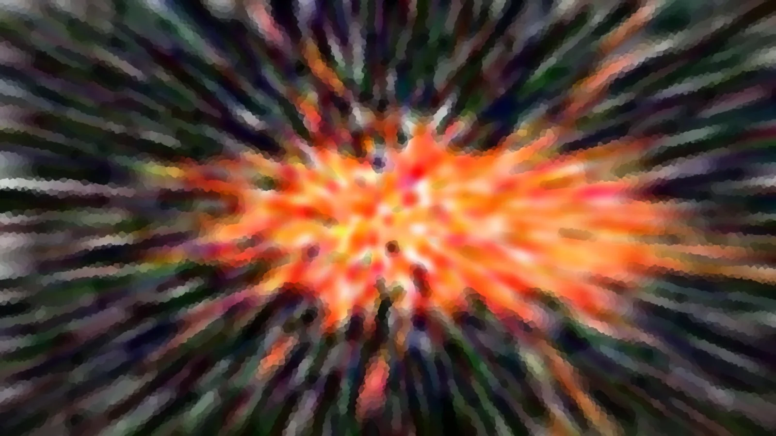 Abstrakte Komposition mit einem leuchtend orangefarbenen Zentrum, von dem sich dunkelgrüne und bunte Streifen radial nach außen ziehen.