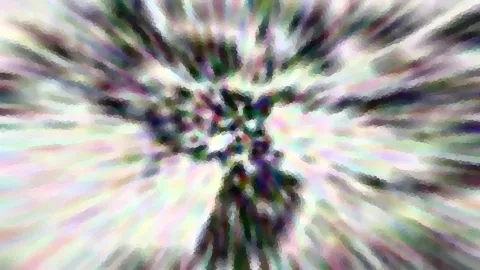 Abstrakte Komposition aus radial verlaufenden, pastellfarbenen Schlieren mit dunklem Zentrum und mosaikartiger Pixelstruktur.