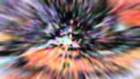 Abstrakte Explosion aus farbigen Streifen, die vom hellen Zentrum radial nach außen verlaufen, pixelig verfremdet.