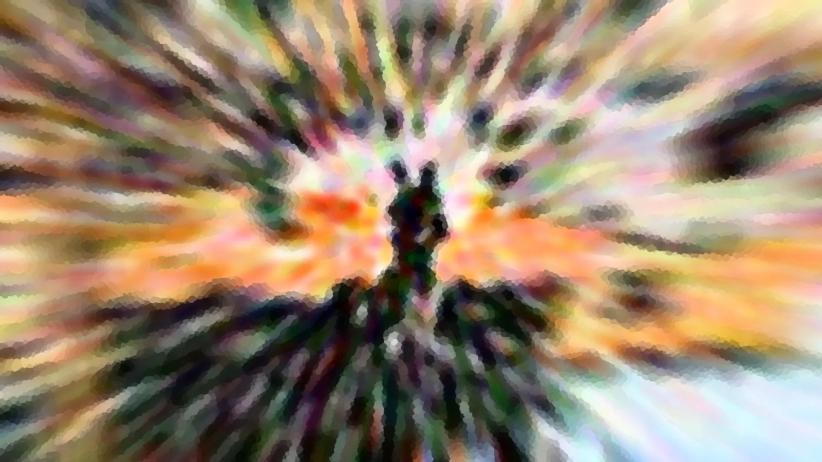 Abstrakte Komposition aus radial angeordneten Farbstreifen in Orange, Grün und Weiß, im Zentrum eine dunkle Silhouette.