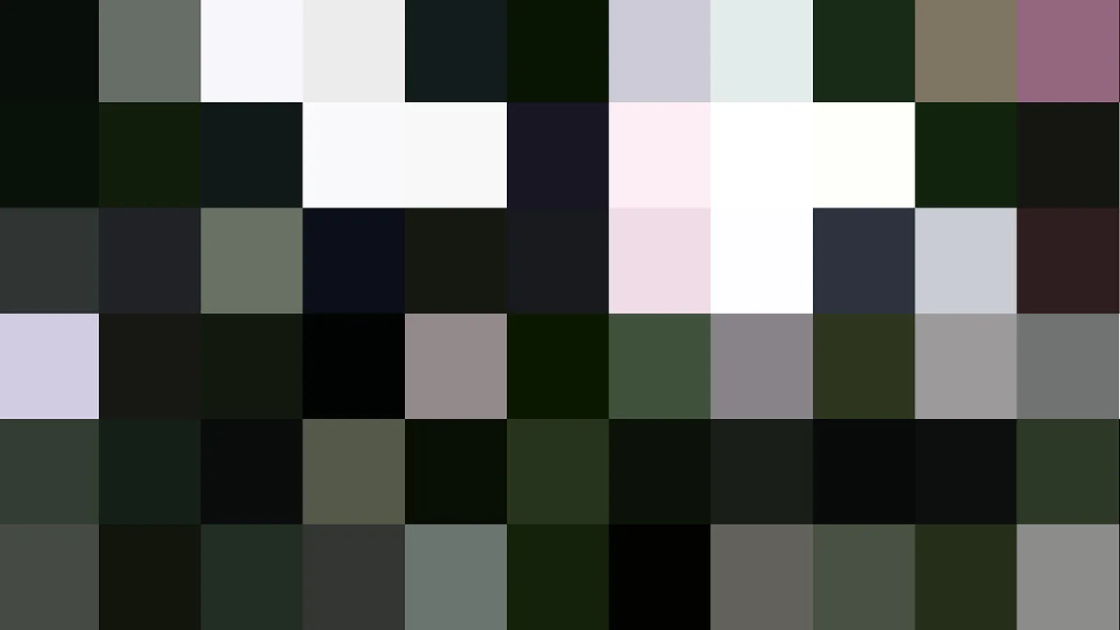 Raster aus quadratischen Farbblöcken in Dunkelgrün, Grau und Schwarz, dazwischen helle Weiß- und Rosatöne sowie einzelne violette Felder.