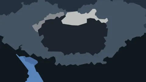 Abstrakte Komposition aus flachen grauen und blauen Flächen mit einem dunklen Zentrum und einer hellen Form oben in der Mitte.