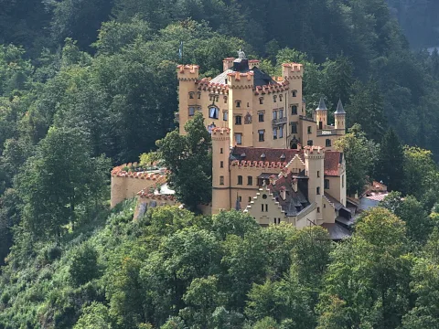 Gelbes Schloss Hohenschwangau mit Zinnen und spitzen Türmen auf einem bewaldeten Hügel, umgeben von dichten Bäumen.