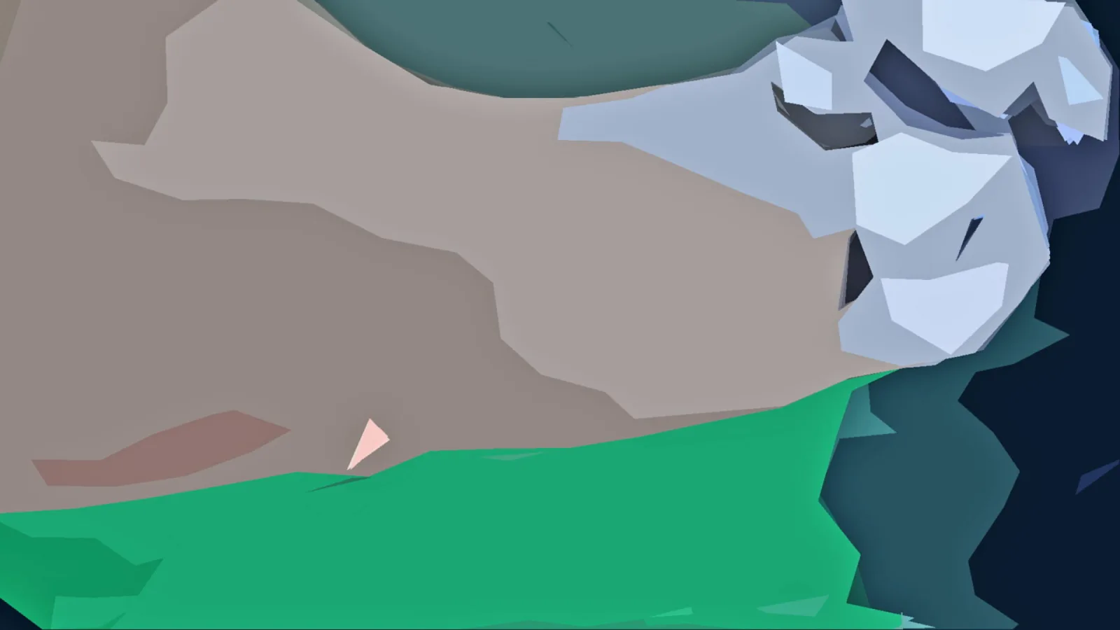 Abstrakte Low-Poly-Landschaft mit grünem Vordergrund, beigen Flächen und hellblauen Kristallformen am rechten Rand vor dunklem Hintergrund.