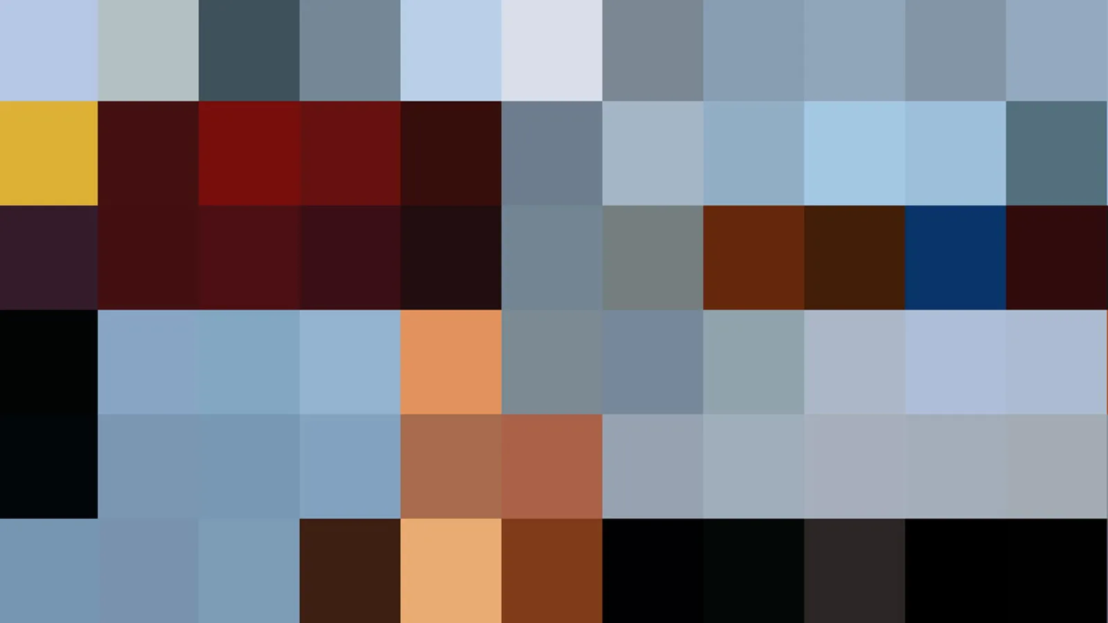 Mosaik aus quadratischen Farbblöcken: oben und in der Mitte überwiegen helle Blau- und Grautöne, links oben gelb, dazwischen dunkelrote, braune und orangefarbene Felder, unten rechts nahezu schwarz.