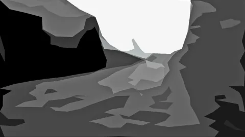 Abstrakte graue, kantige Formen mit einer großen weißen Fläche oben in der Mitte und schwarzen Schatten links.