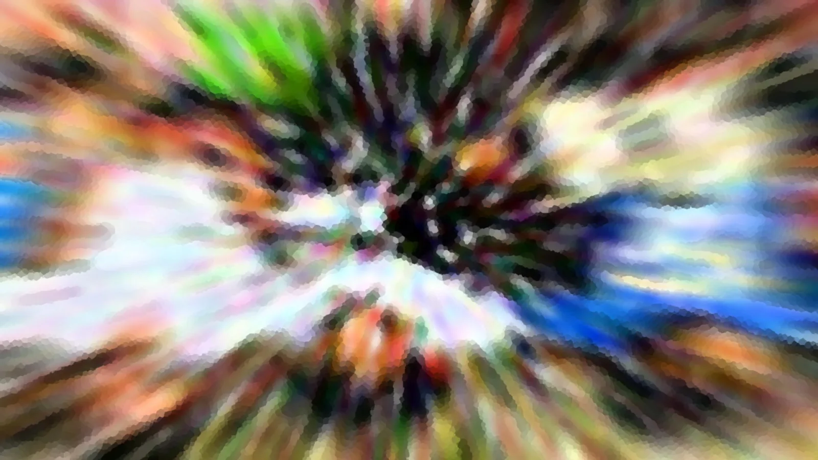 Abstraktes Bild mit radialem Zoomeffekt: bunte Farbstreifen in Grün, Blau, Orange und Weiß laufen von einer dunklen Mitte nach außen.