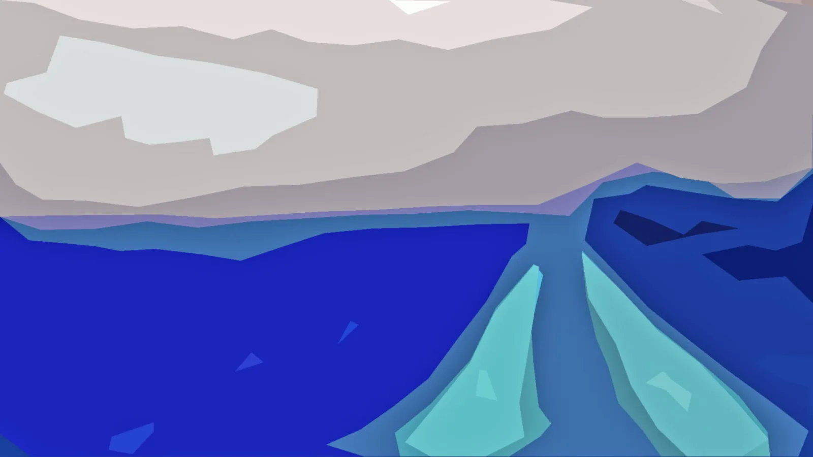 Abstrakte Landschaft aus flachen Polygonen: oben graue Wolkenschichten, darunter dunkelblaues Meer und türkisfarbene Eisformen im Vordergrund.