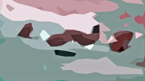 Abstraktes Low-Poly-Motiv mit rosa, weinroten und mintgrauen Flächen, dazwischen kleine helle Dreiecke.