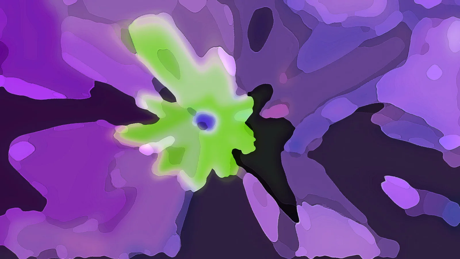 Abstrakte, gemalt wirkende Komposition in Violett und Dunkellila mit einem grünen, sternförmigen Gebilde und einem blauen Punkt in der Mitte sowie einer schwarzen Form rechts davon.