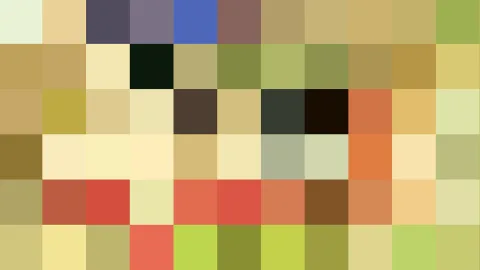 Abstraktes Mosaik aus quadratischen Farbfeldern in Gelb, Ocker, Rot, Grün, Dunkelbraun und Schwarz.