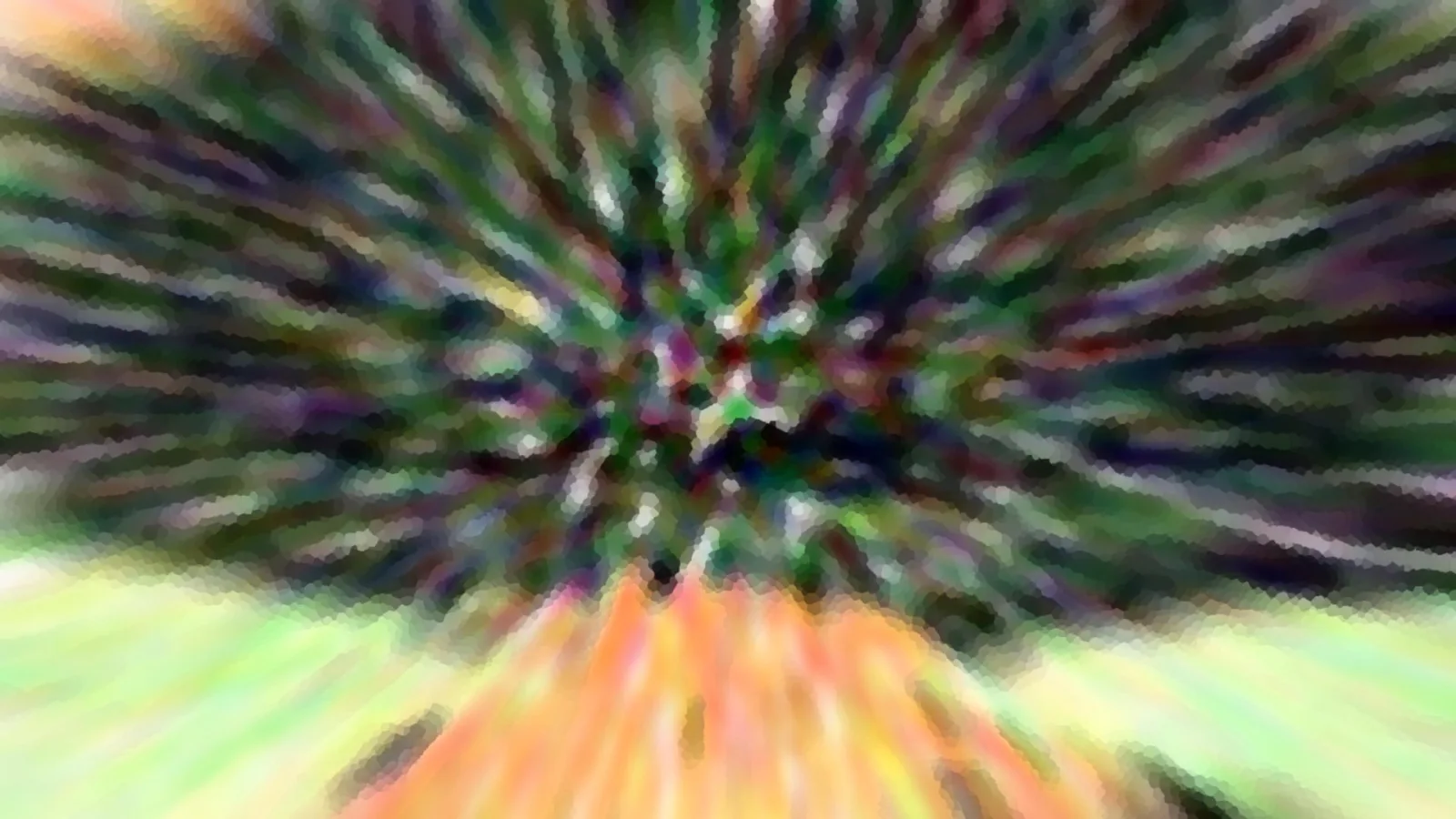 Abstrakte Unschärfe mit radial von der Mitte nach außen laufenden Streifen in Grün, Lila und Weiß, unten orangefarbene Schlieren.