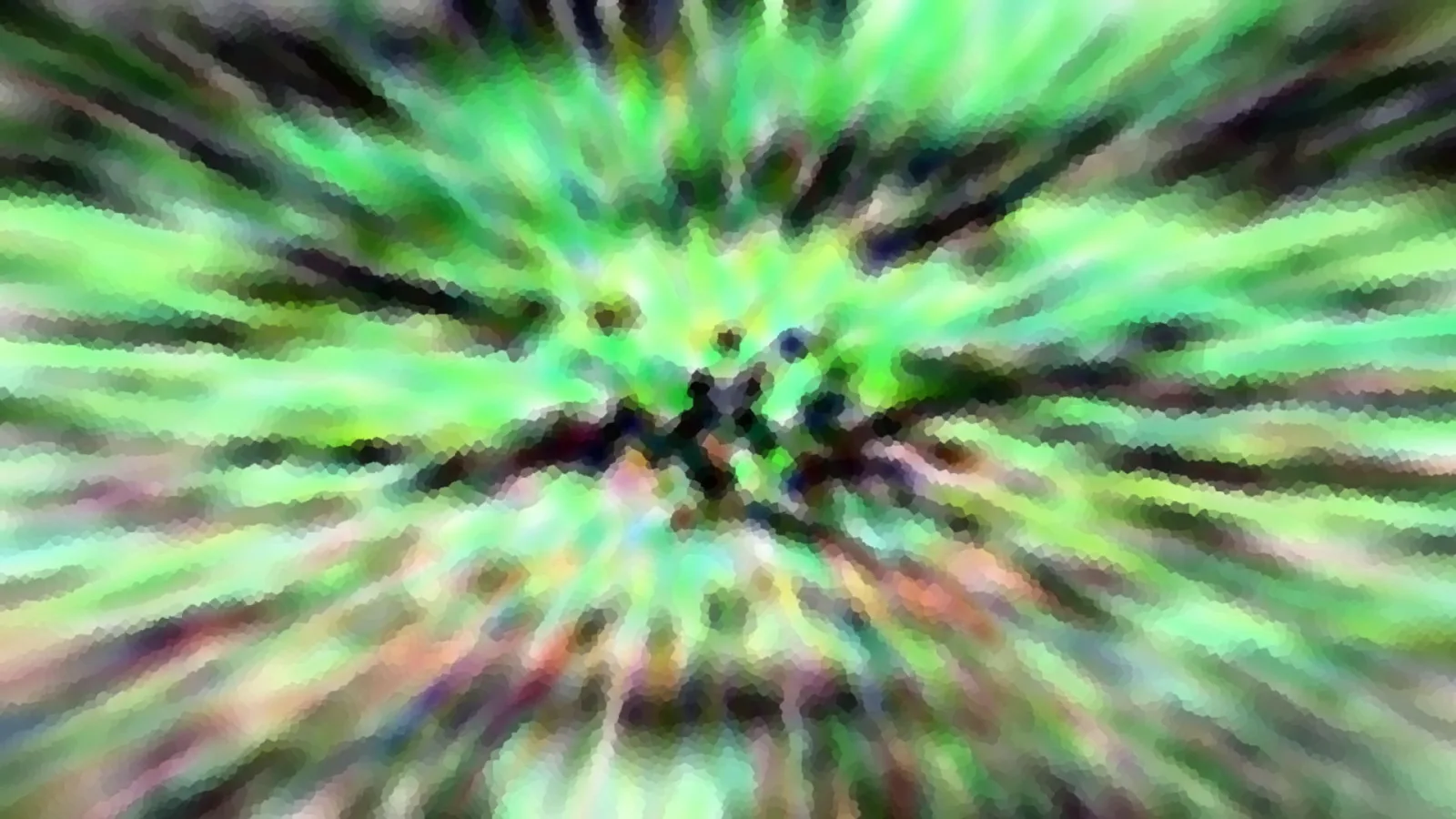 Abstraktes Bild mit grünen, schwarzen und pastellfarbenen Strahlen, die von einem dunklen Zentrum nach außen laufen, mit grober Pixelstruktur.