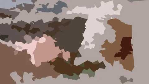 Abstrakte Komposition aus unregelmäßigen, flachen Farbflächen in Braun, Rosa, Grau und Dunkelgrün, mit einer hellen Fläche in der Mitte oben.