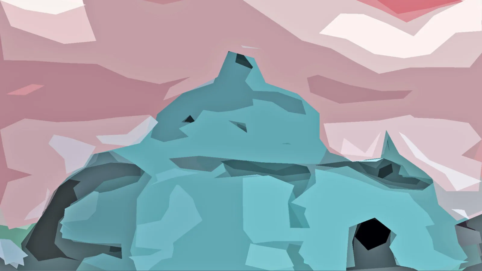 Kantige türkisfarbene Low-Poly-Formation mit dunklen Höhlen vor einem rosafarbenen, facettierten Himmel.