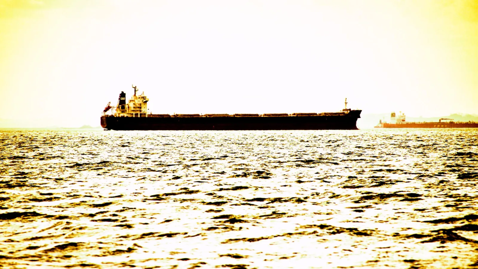 Dunkler Frachter liegt auf ruhigem Meer vor einem hellen, gelblich getönten Himmel, rechts im Hintergrund ist ein weiteres Schiff zu sehen.