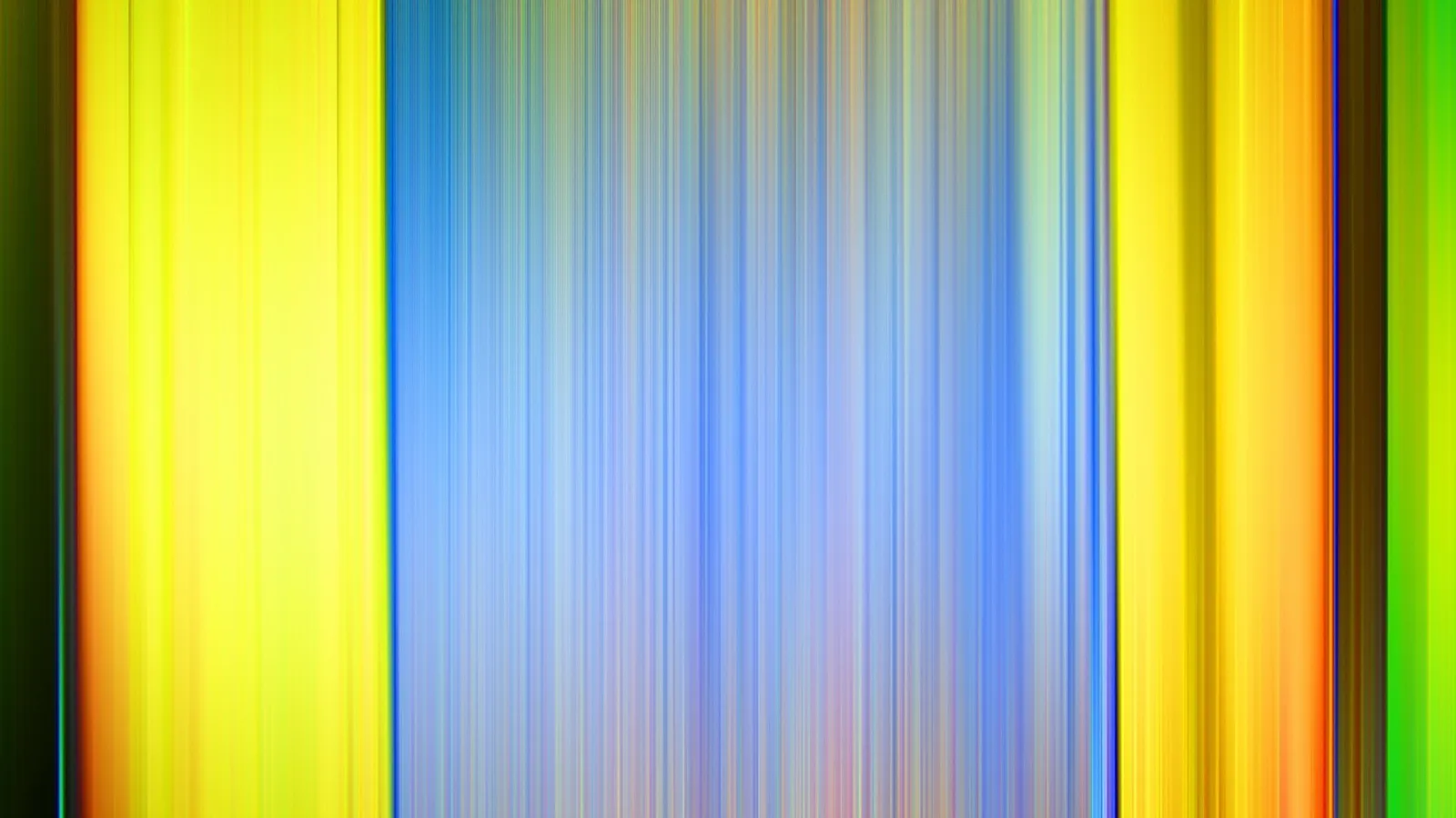 Abstrakte Komposition aus vertikalen, verwischten Streifen in Gelb, Blau, Orange und Grün, die nebeneinander stehen und in der Mitte in feine Linien übergehen.