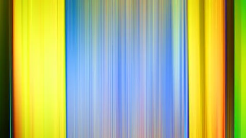 Abstrakte Komposition aus vertikalen, verwischten Streifen in Gelb, Blau, Orange und Grün, die nebeneinander stehen und in der Mitte in feine Linien übergehen.