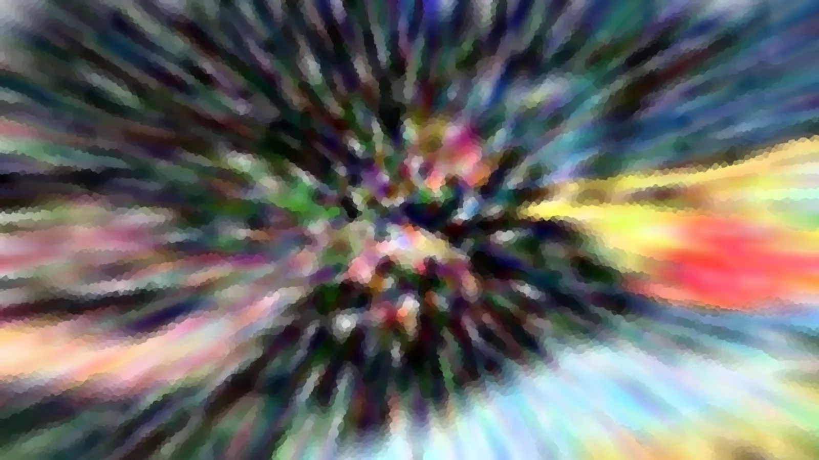 Abstraktes Bild mit bunten Farbstrahlen, die von einem Zentrum in der Mitte nach außen laufen, grob gepixelt und in Blau, Grün, Gelb und Rot.