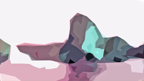 Abstrakte Felsformation aus flachen Polygonen in Rosa, Mauve, Grau und Türkis vor hellem Hintergrund.